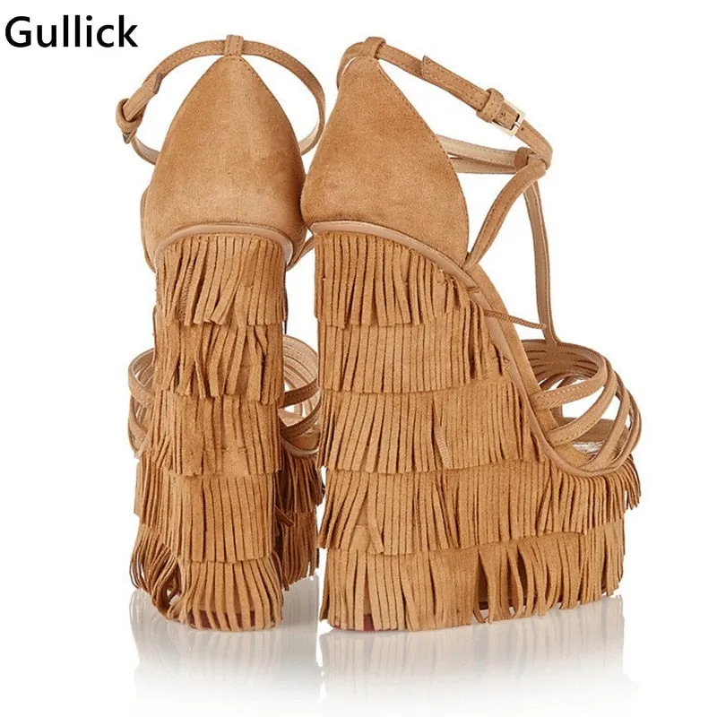 Fashion Fringed Strappy Super High Wedges Gladiator Sandals