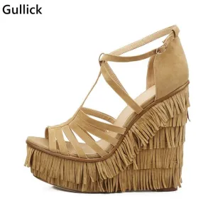 Fashion Fringed Strappy Super High Wedges Gladiator Sandals