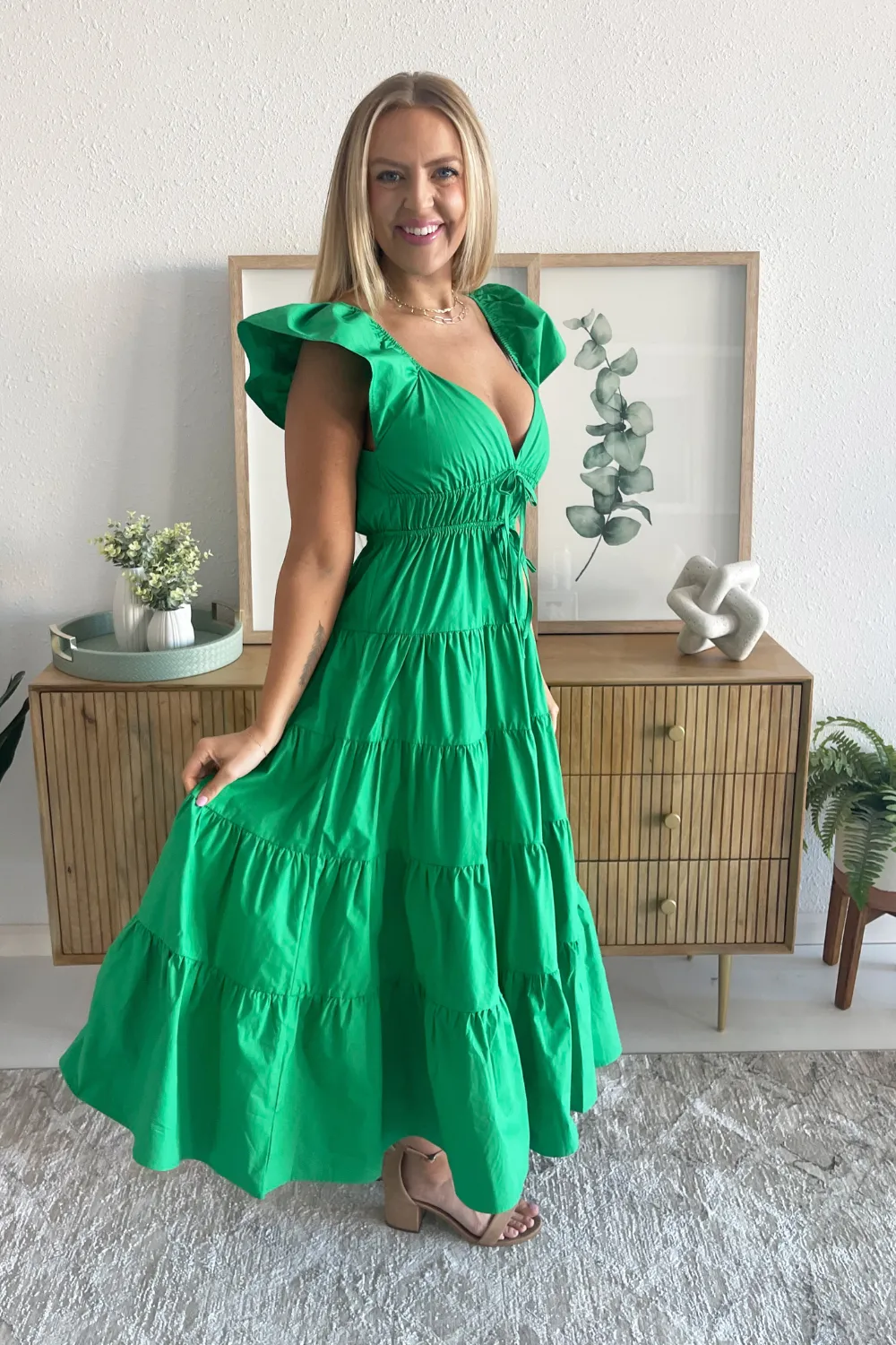 Fit and Flare Ruffled Shoulders Midi Dress