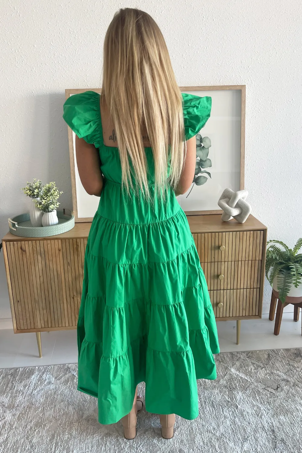 Fit and Flare Ruffled Shoulders Midi Dress