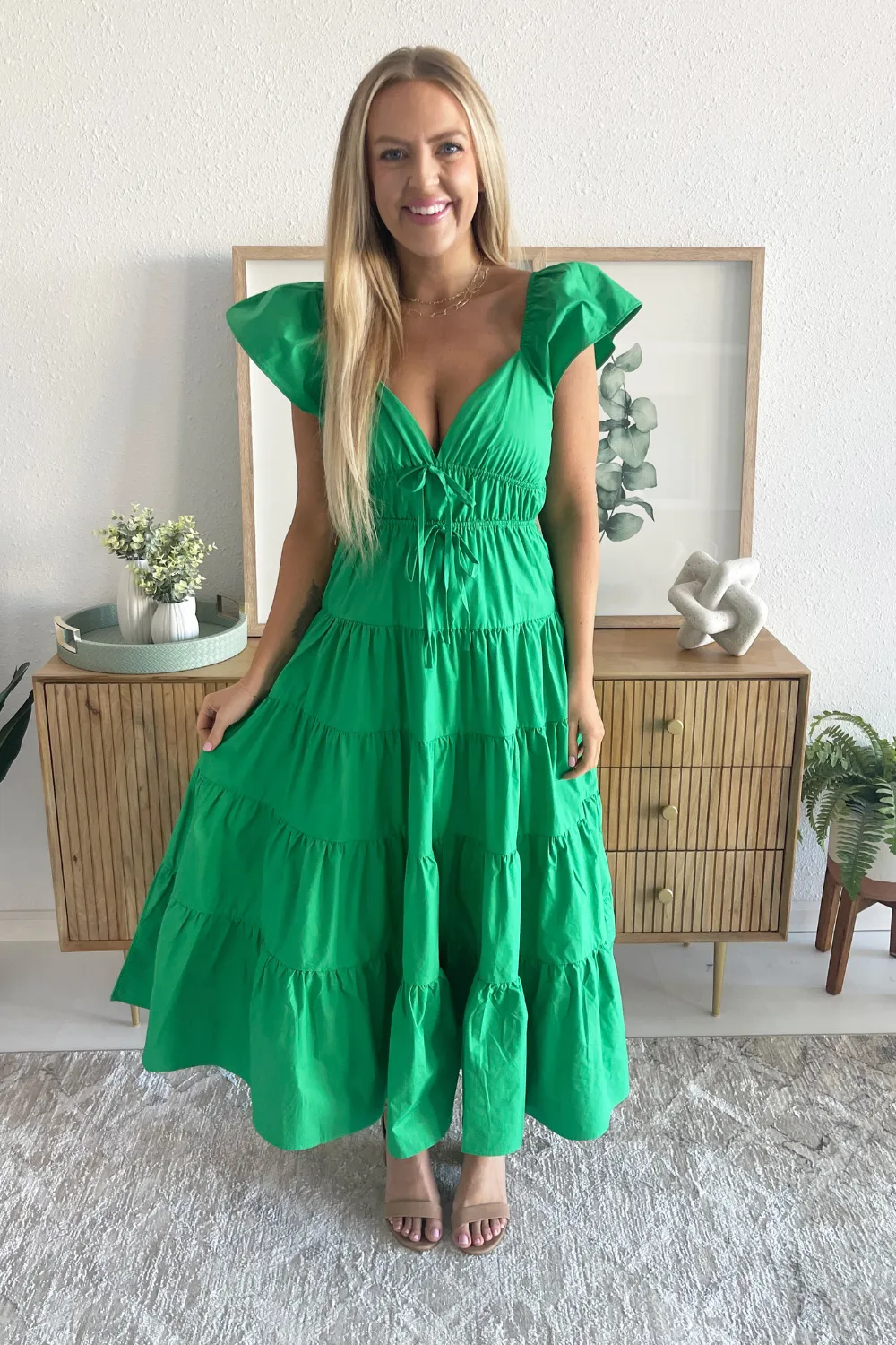 Fit and Flare Ruffled Shoulders Midi Dress