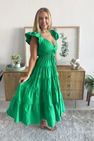 Fit and Flare Ruffled Shoulders Midi Dress