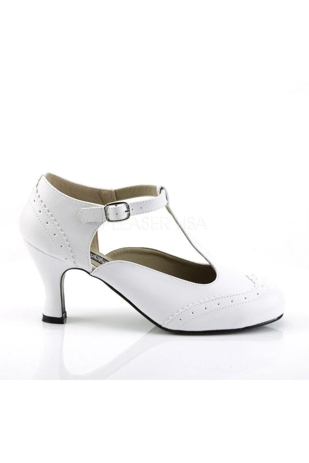 FLAPPER-26 T-Strap | White Faux Leather