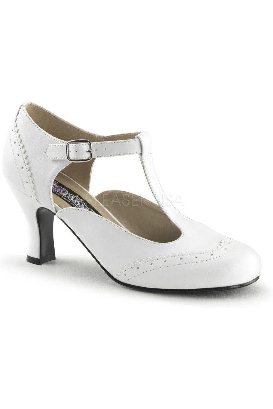 FLAPPER-26 T-Strap | White Faux Leather