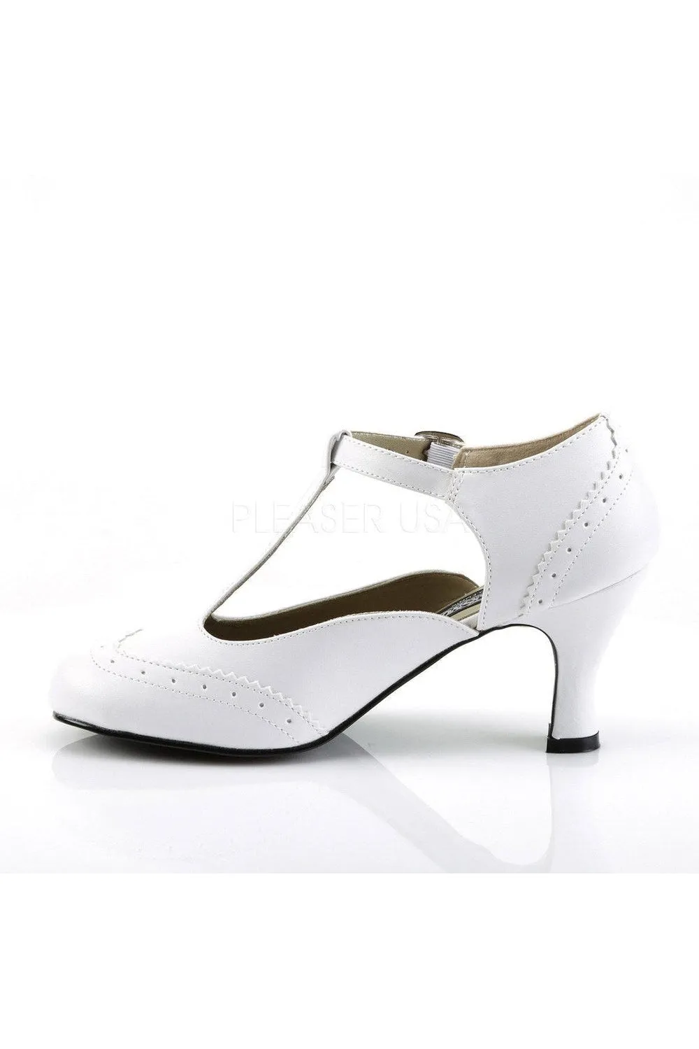 FLAPPER-26 T-Strap | White Faux Leather