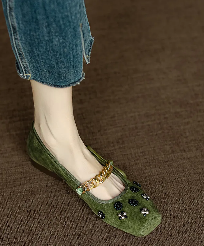 French Apricot Square Toe Bow Nail Bead Flats Shoes