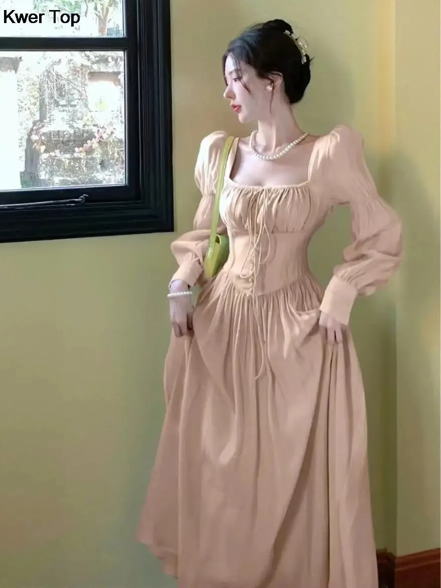 French Elegant Lantern Sleeve Lace-Up Midi Dress