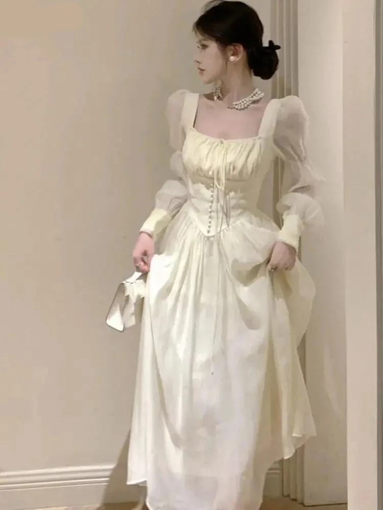 French Elegant Lantern Sleeve Lace-Up Midi Dress