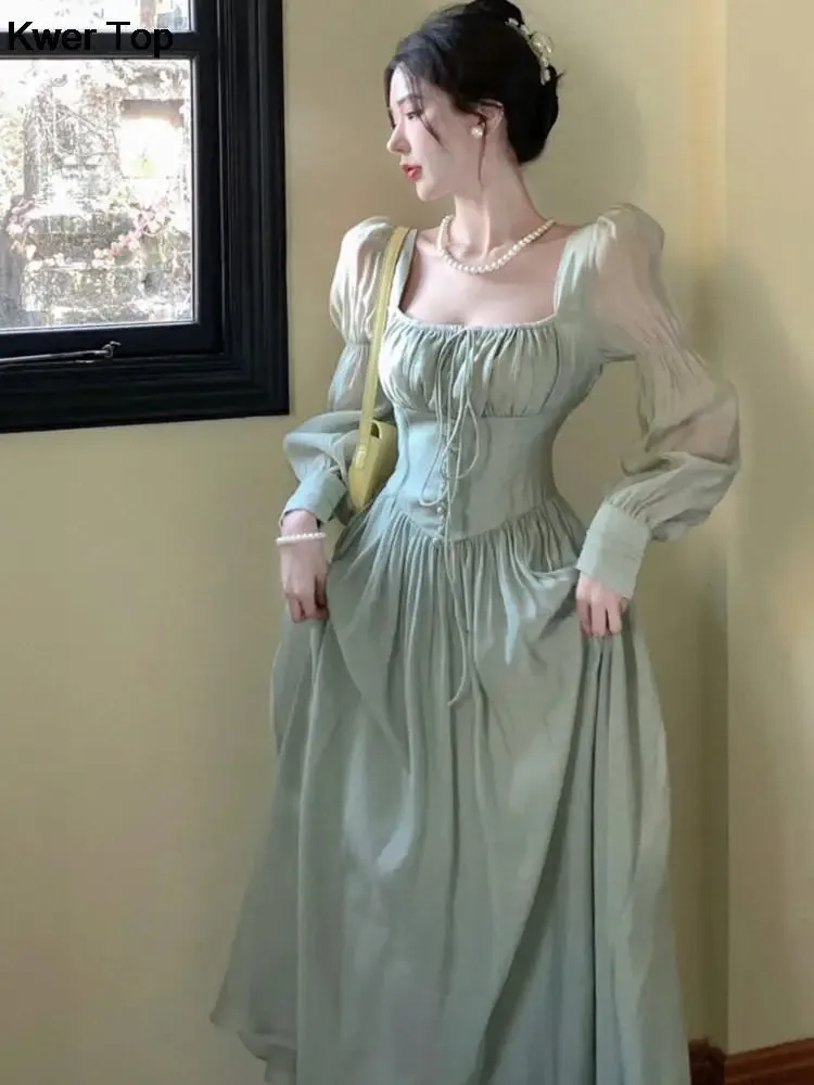 French Elegant Lantern Sleeve Lace-Up Midi Dress