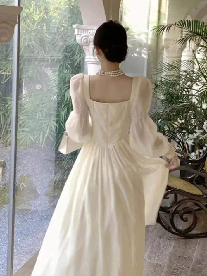 French Elegant Lantern Sleeve Lace-Up Midi Dress