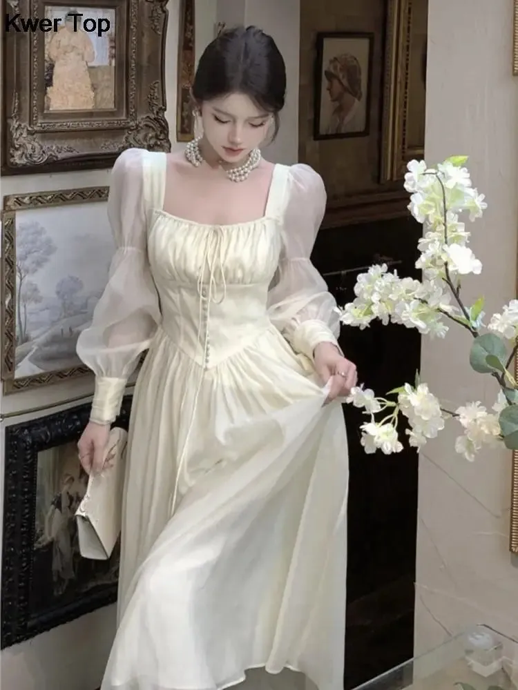 French Elegant Lantern Sleeve Lace-Up Midi Dress