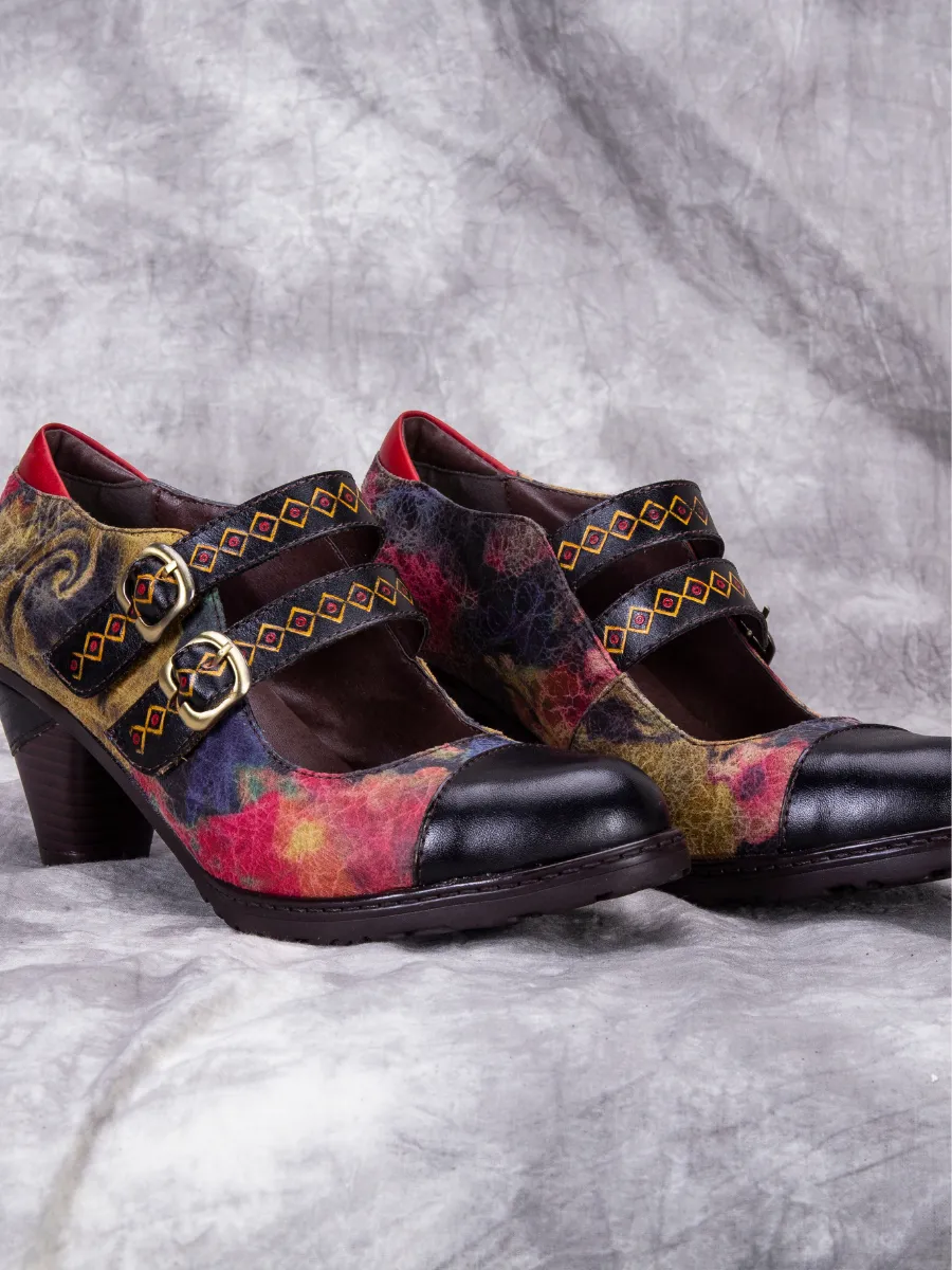 Genuine Leather; Geometric Double-Strap Heel Pumps Mary Jane Shoes - Black