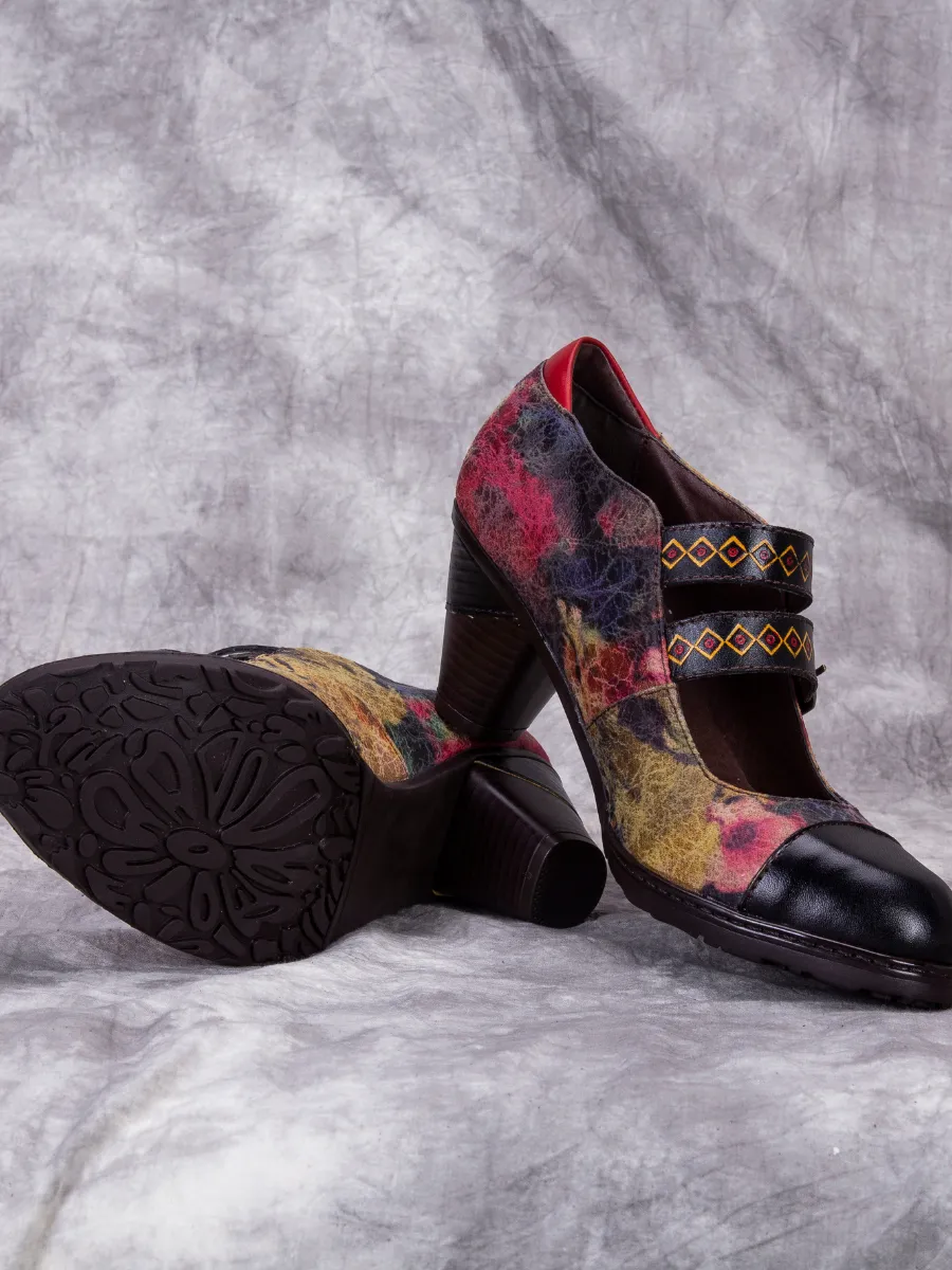 Genuine Leather; Geometric Double-Strap Heel Pumps Mary Jane Shoes - Black