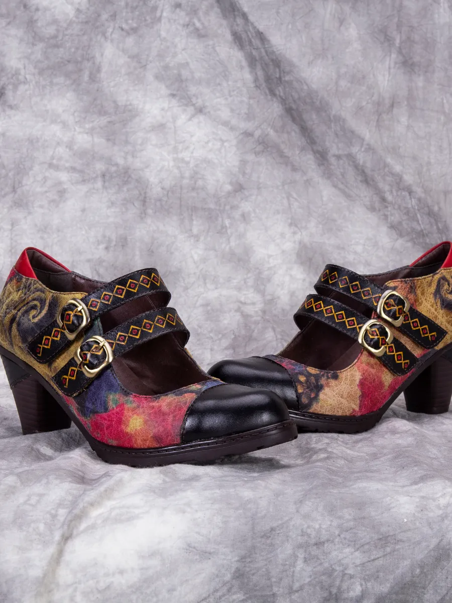 Genuine Leather; Geometric Double-Strap Heel Pumps Mary Jane Shoes - Black