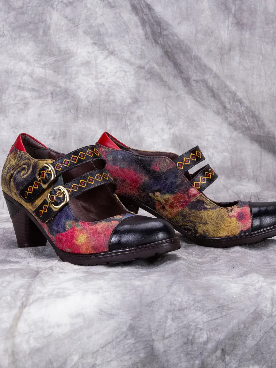 Genuine Leather; Geometric Double-Strap Heel Pumps Mary Jane Shoes - Black