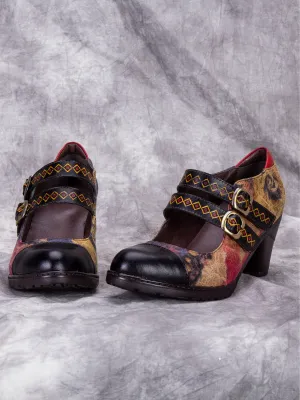 Genuine Leather; Geometric Double-Strap Heel Pumps Mary Jane Shoes - Black