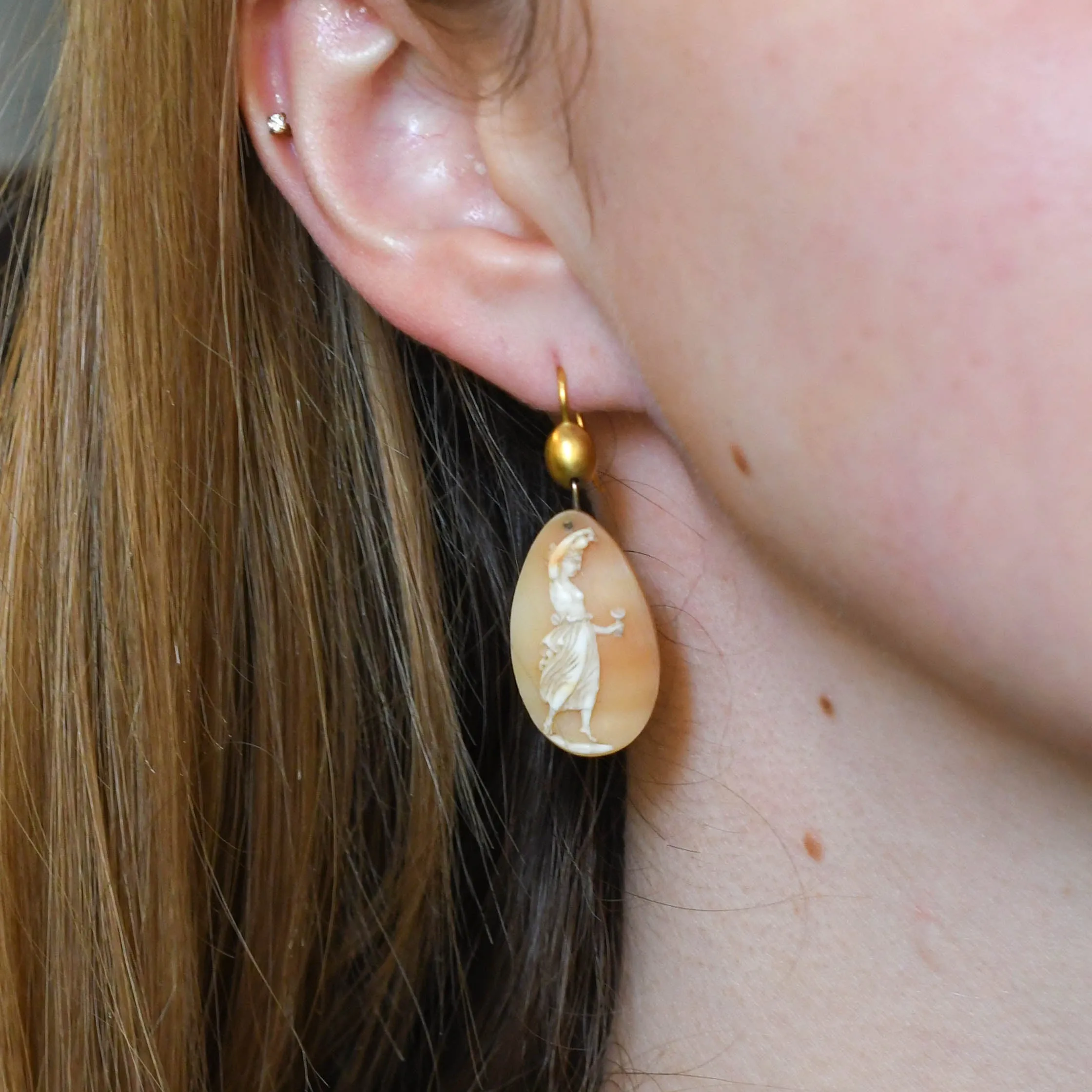 Georgian "Hebe & Hermes" Shell Cameo Earrings