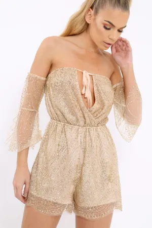 Gold Glitter Off Shoulder Flared Sleeve Playsuit - Tabitha
