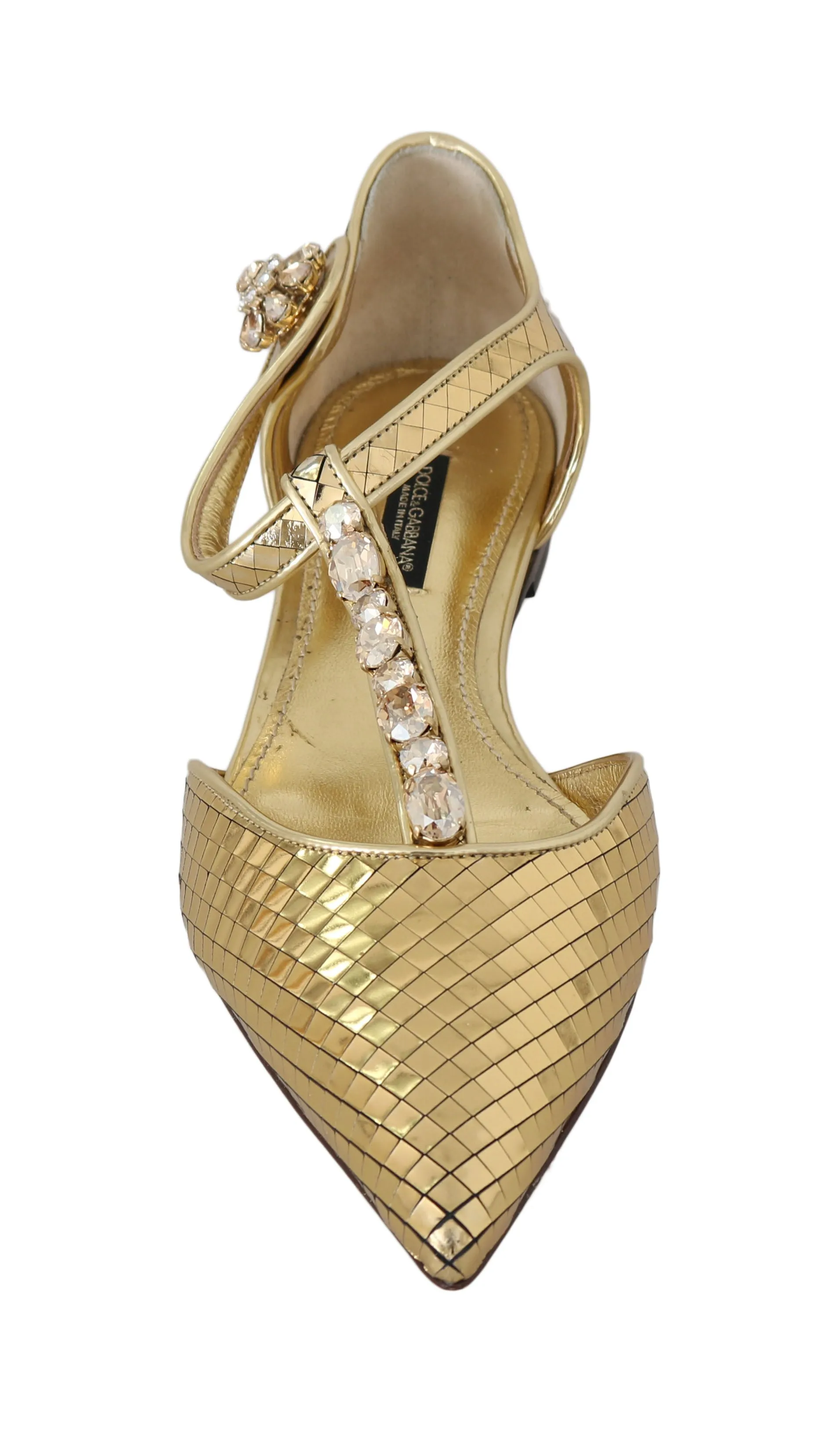 Gold Leather Crystal Ballerina T-strap