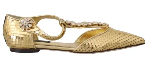 Gold Leather Crystal Ballerina T-strap