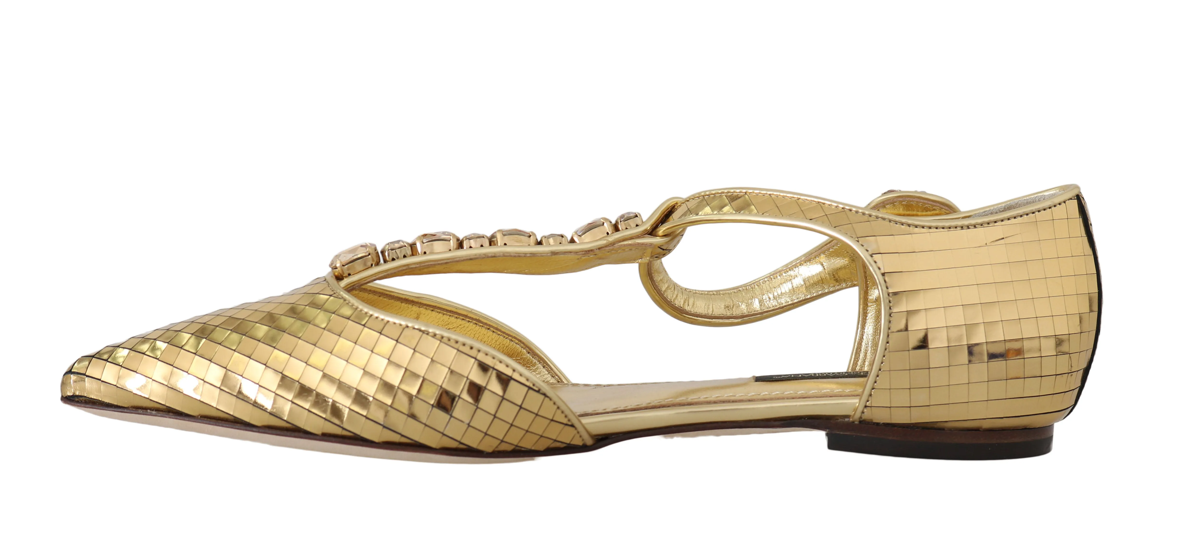 Gold Leather Crystal Ballerina T-strap