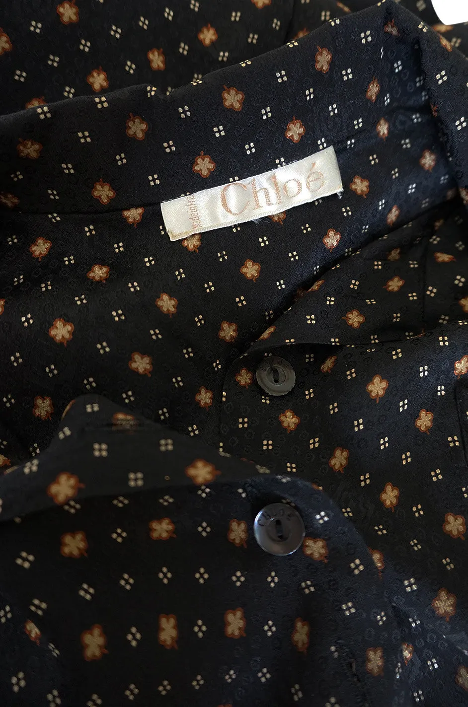 Gorgeous 1970s Print Chloe Black Silk Cuffed Top