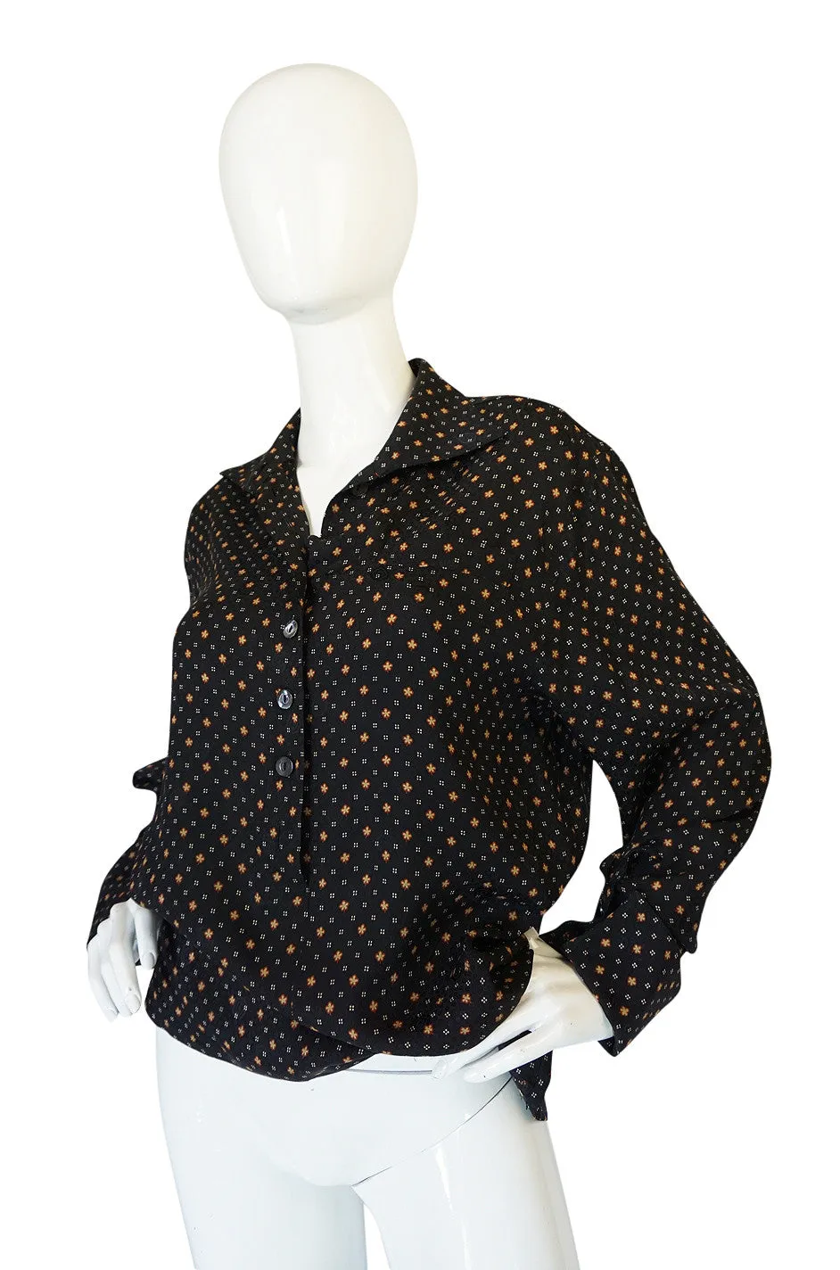Gorgeous 1970s Print Chloe Black Silk Cuffed Top