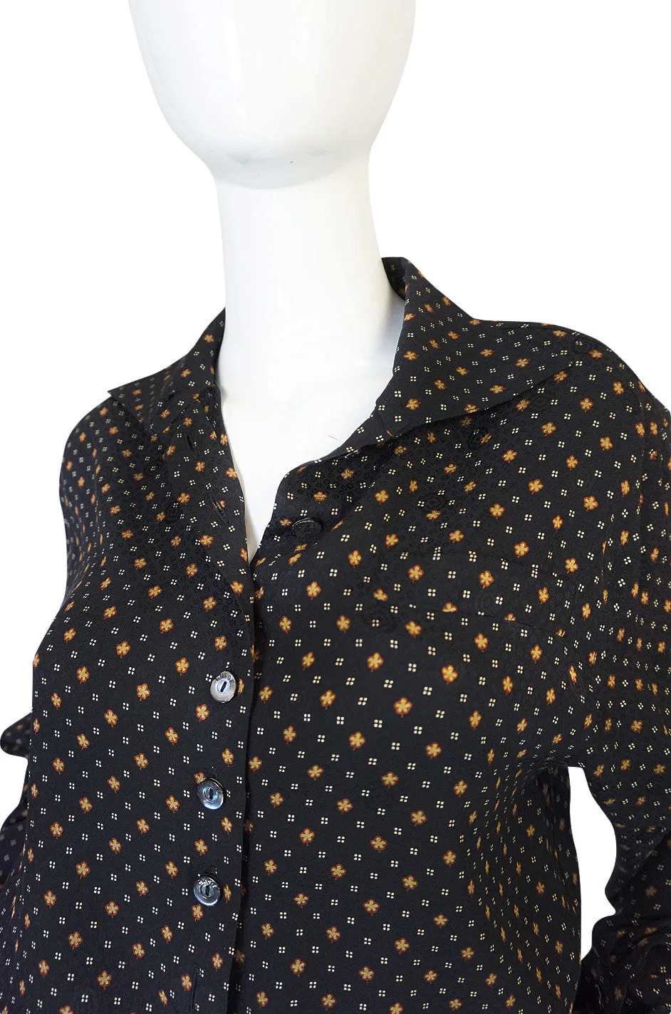 Gorgeous 1970s Print Chloe Black Silk Cuffed Top