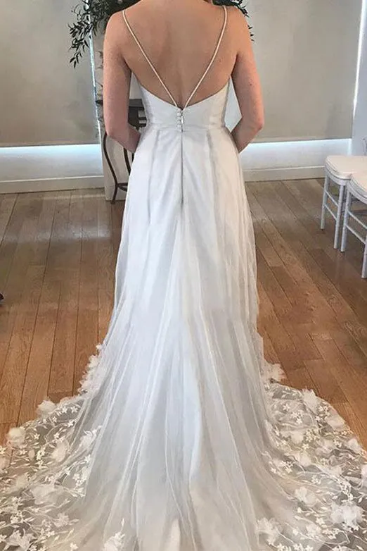 Gorgeous A Line Spaghetti Straps White Wedding Dresses with Appliques OHD107