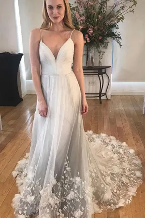 Gorgeous A Line Spaghetti Straps White Wedding Dresses with Appliques OHD107
