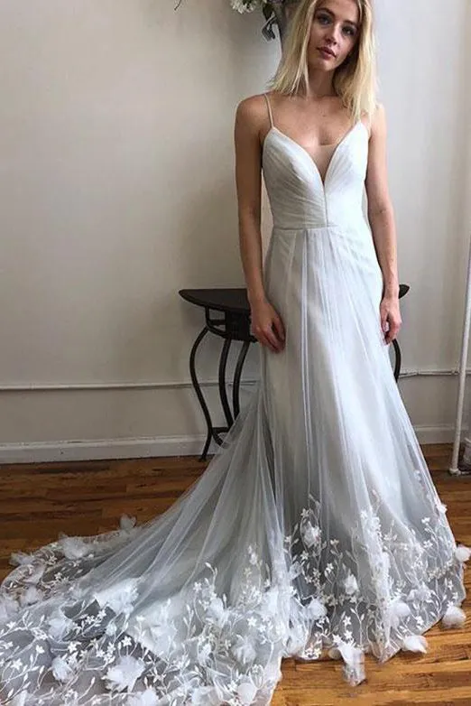 Gorgeous A Line Spaghetti Straps White Wedding Dresses with Appliques OHD107