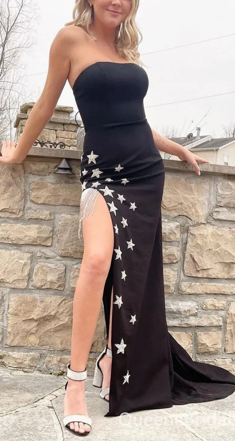 Gorgeous Black Strapless Side Slit Pentagram Mermaid Long Party Dress Prom Dresses ,WGP1870