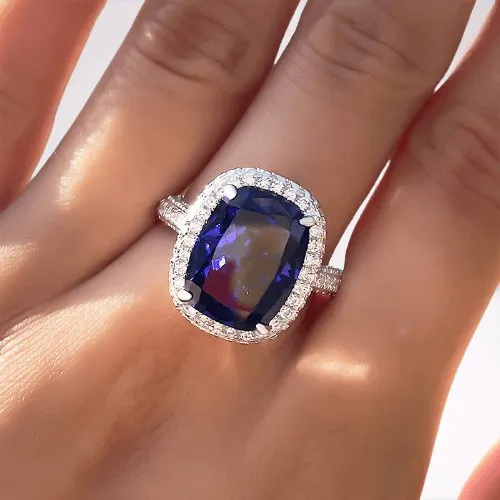 Gorgeous Halo Cushion Cut Blue Sapphire Engagement