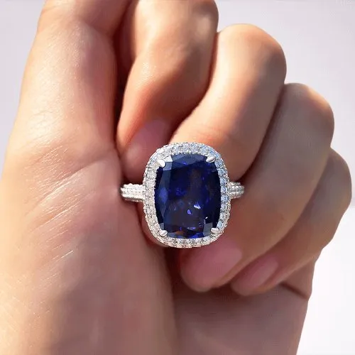 Gorgeous Halo Cushion Cut Blue Sapphire Engagement