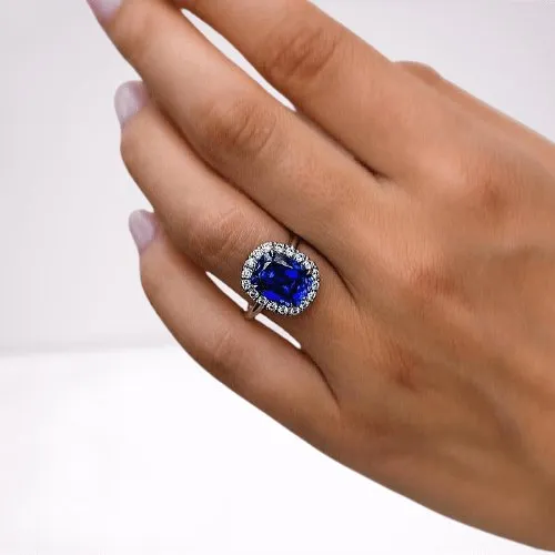 Gorgeous Halo Cushion Cut Blue Sapphire Engagement
