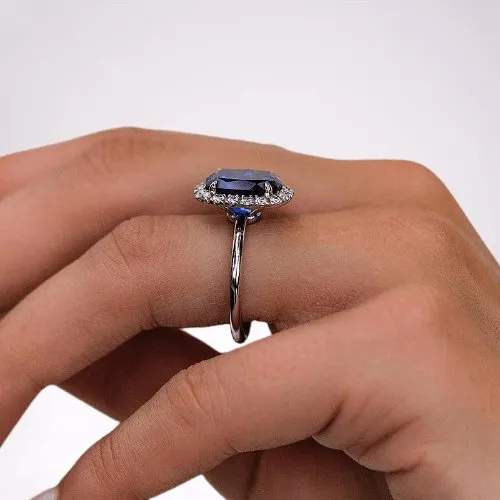 Gorgeous Halo Cushion Cut Blue Sapphire Engagement