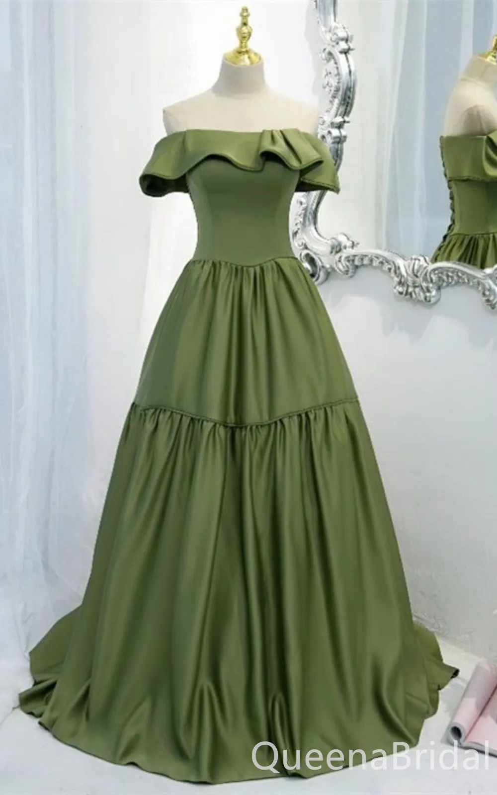 Gorgeous Off Shoulder Green Lace up Back A-line Long Party Dress Prom Dresses,WGP1743