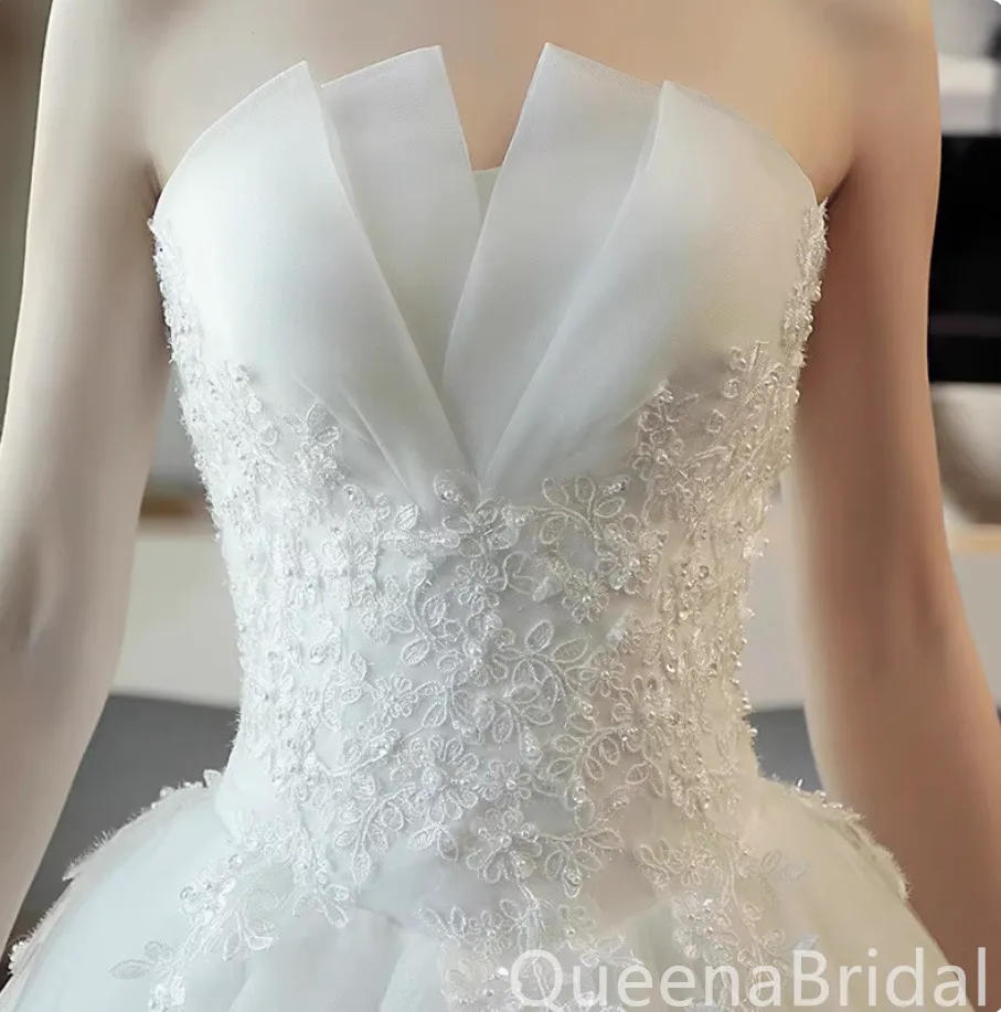 Gorgeous White Strapless Lace Appliques A-line Wedding Dresses with Trailing,WGP1330