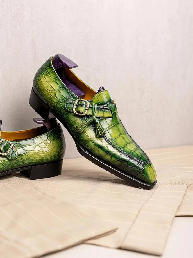Green Alligator Italian Leather Monkstrap Shoes - Formal shoes - Monk Shoes
