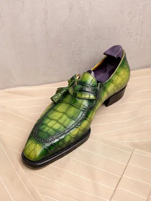Green Alligator Italian Leather Monkstrap Shoes - Formal shoes - Monk Shoes