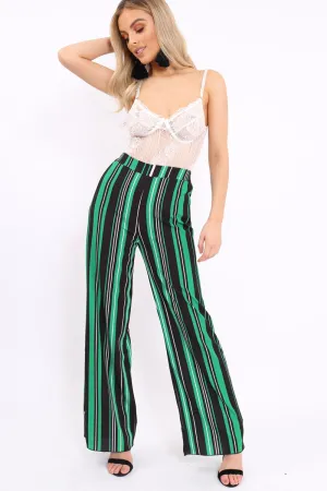 Green, Black and White Striped High Waist Flare Trousers - Jen