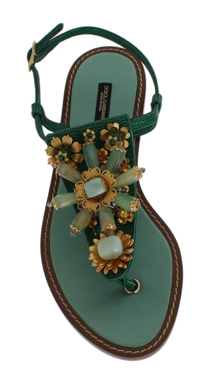 Green Leather Crystal Sandals