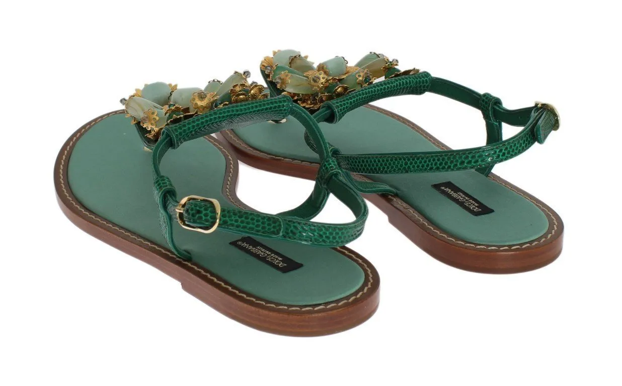 Green Leather Crystal Sandals