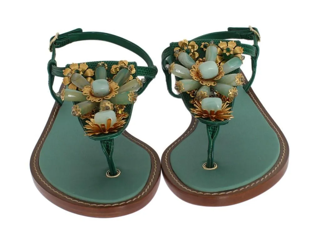 Green Leather Crystal Sandals