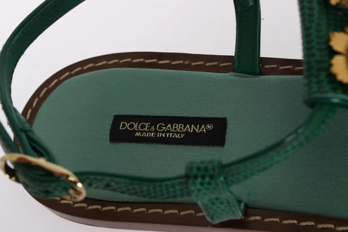 Green Leather Crystal Sandals