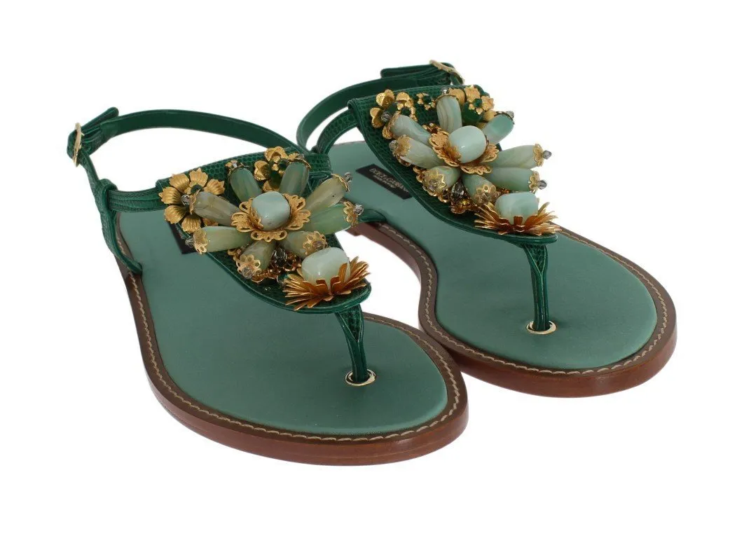 Green Leather Crystal Sandals