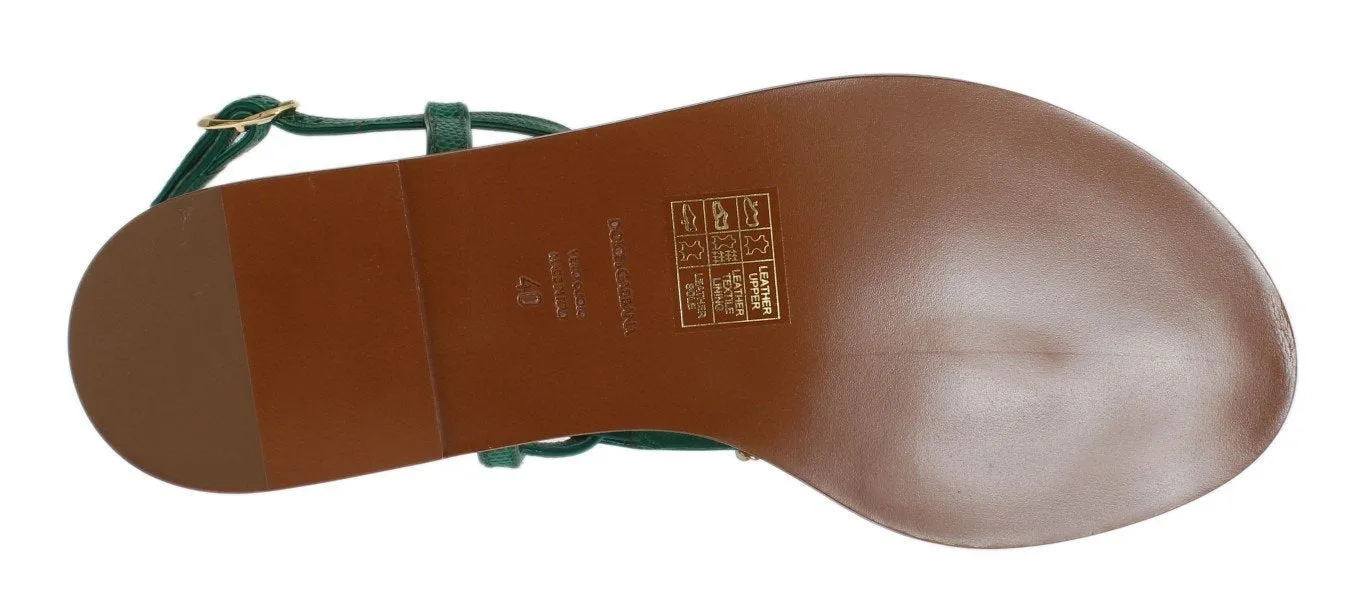 Green Leather Crystal Sandals