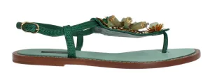 Green Leather Crystal Sandals