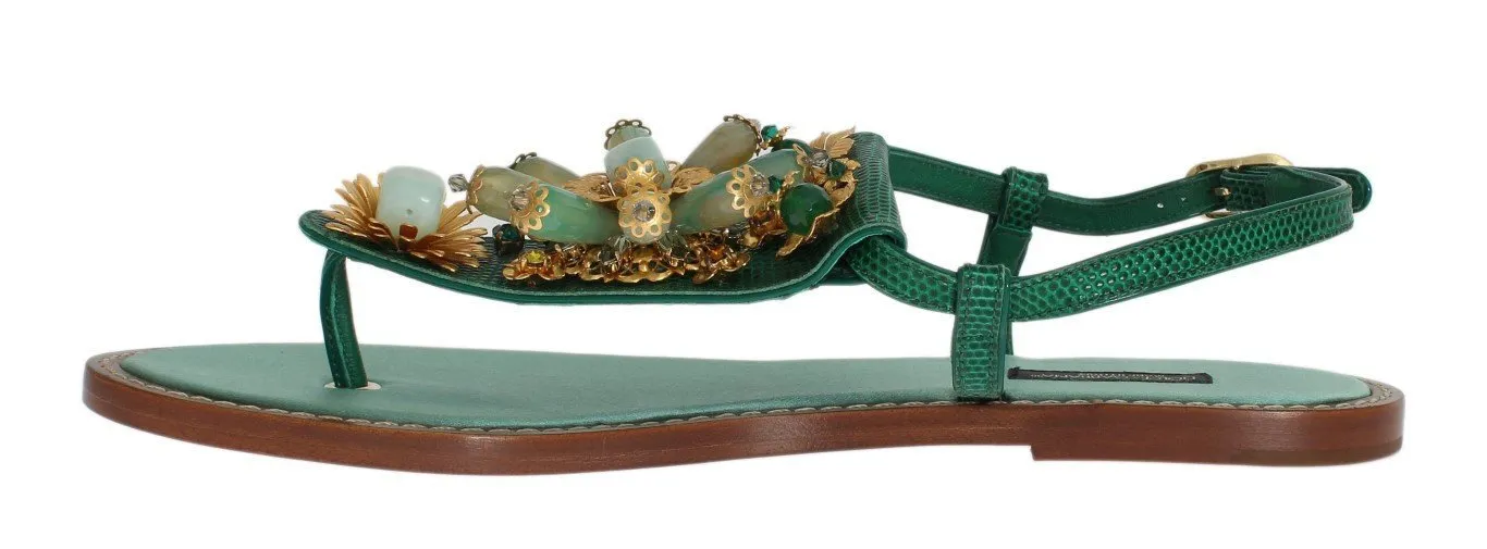 Green Leather Crystal Sandals