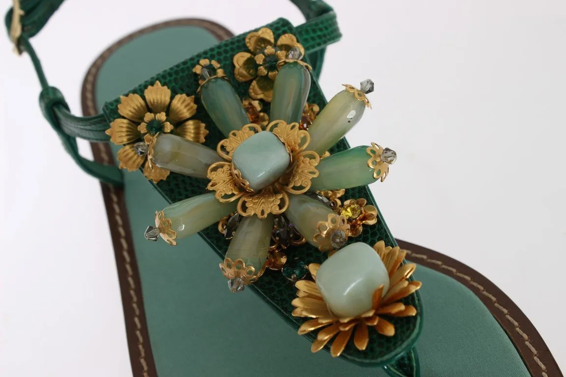 Green Leather Crystal Sandals